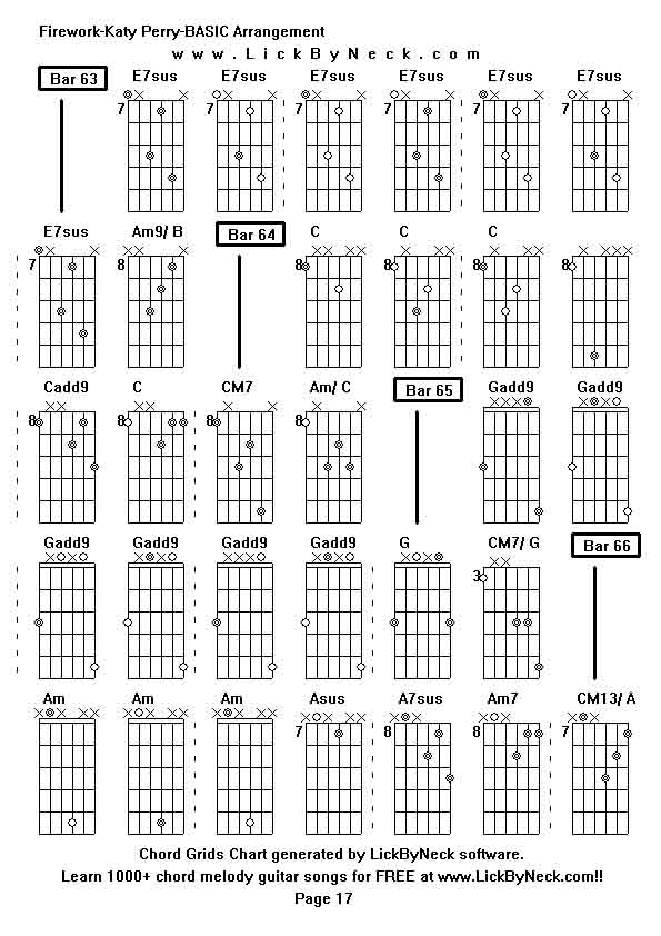 Chord Grids Chart of chord melody fingerstyle guitar song-Firework-Katy Perry-BASIC Arrangement,generated by LickByNeck software.